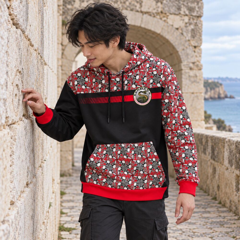 SANDANA x ANTHRAX Red Black Skull Print Asymmetric Street Hoodie M